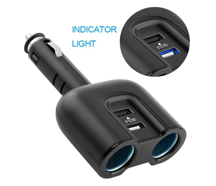 QCF210 QC 3.0 Car Charger with Dual Cigarette Socket & 1 Normal USB Port